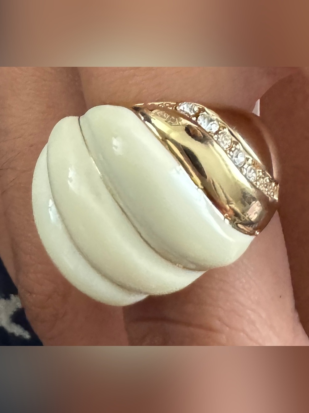 Vintage Camille Lucie 14k Plate & Cream Enamel Croissant Dome Ring w/ Crystals